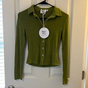 Princess Polly long sleeve, shiny green, button up top